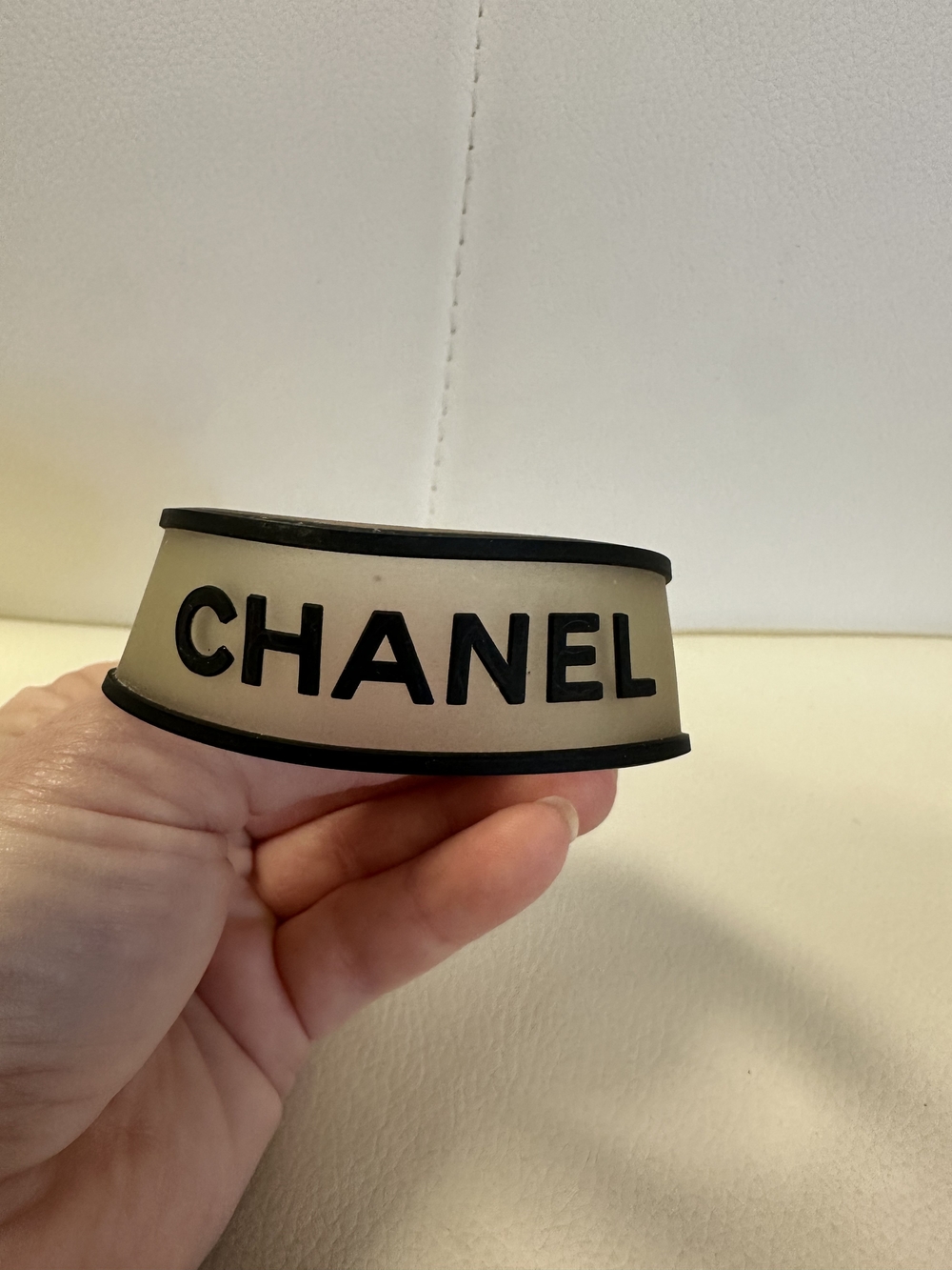 Chanel Rubber Logo Cuff Bracelet in Cream and Black